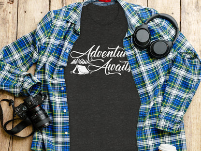 Adventure Awaits Tent Mountains Graphic Design T-Shirt T-Shirt - Outdoor & Adventure Collection - Mile Marker 16 Gear by Cloud 16 Clothing Co.