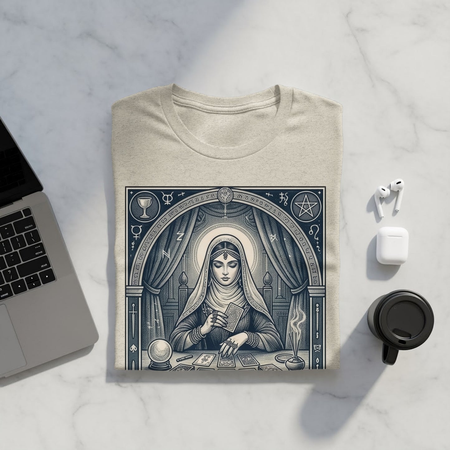 T-shirt with occult tarot card design, featuring a mystic figure and astrological symbols.