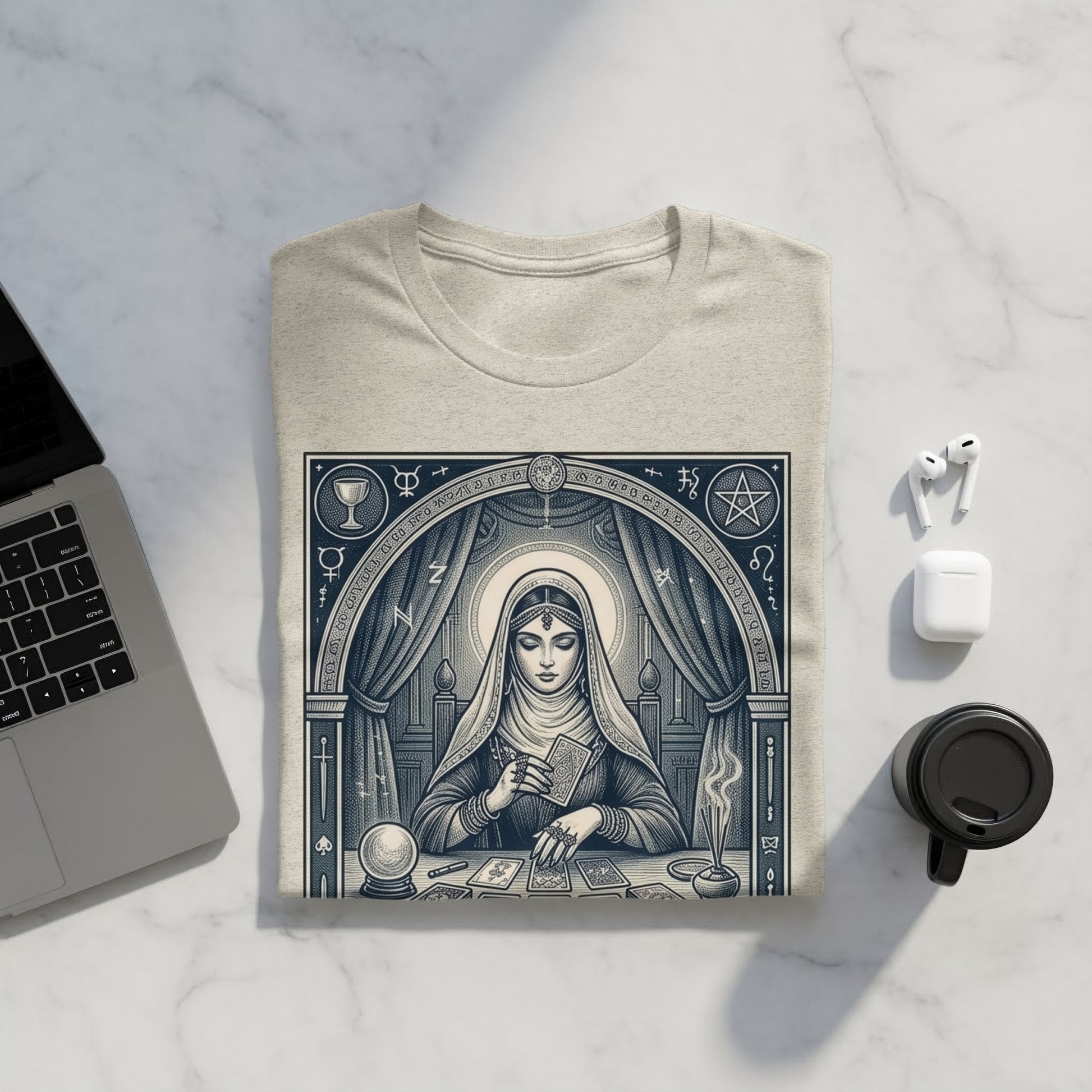 T-shirt with occult tarot card design, featuring a mystic figure and astrological symbols.