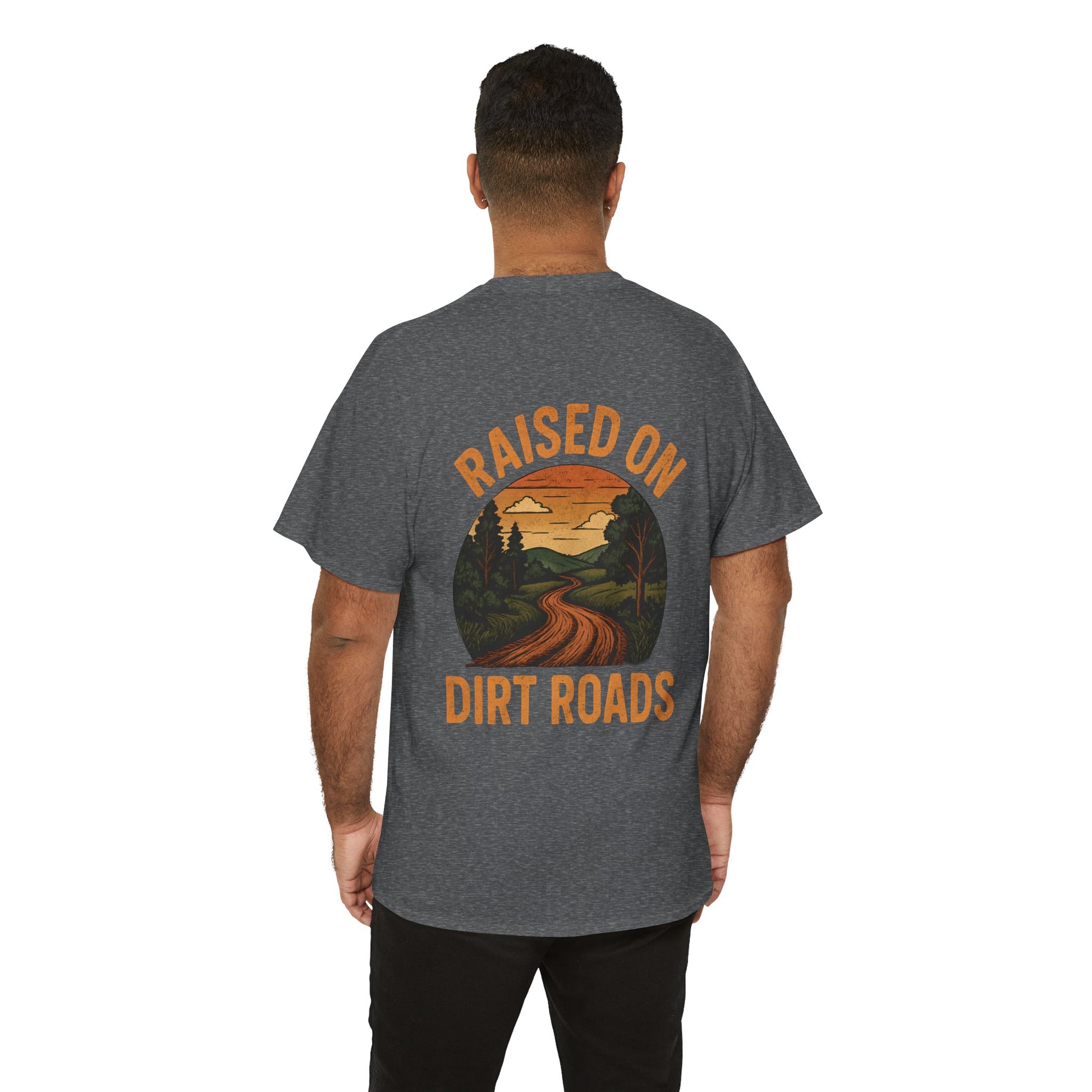 Person wearing a gray t-shirt with 'Raised on Dirt Roads' graphic on the back