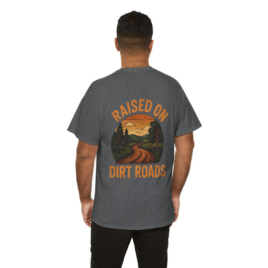 Person wearing a gray t-shirt with 'Raised on Dirt Roads' graphic on the back