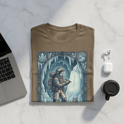 Astronaut in ice cave artwork on a brown t-shirt, with a cat.