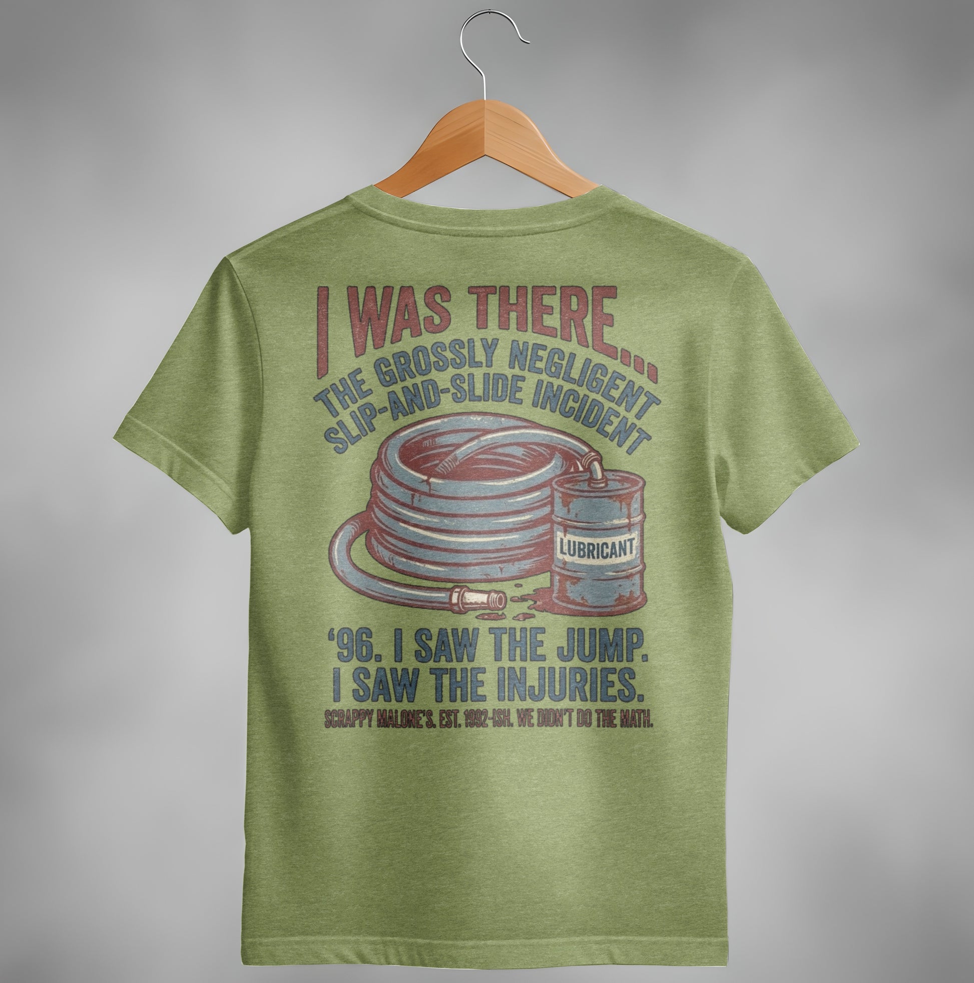 T-shirt with text about a slip-and-slide incident and lubricant.