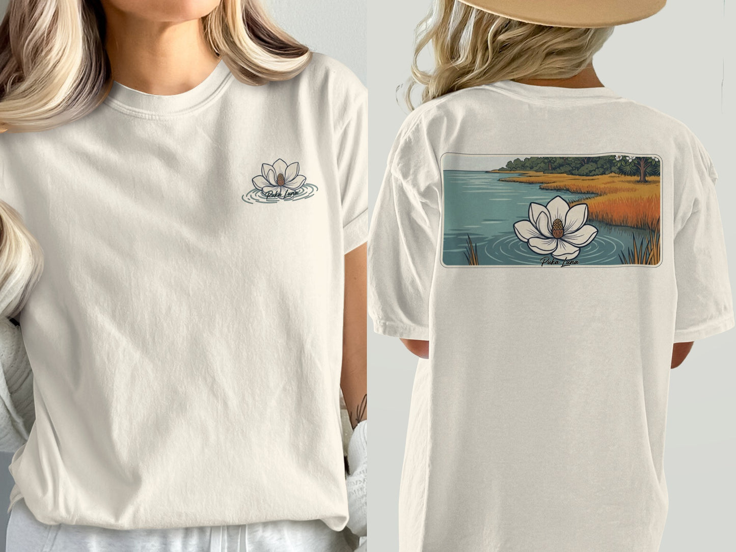 Cream t-shirt with a lotus flower on front and a marsh scene on back.