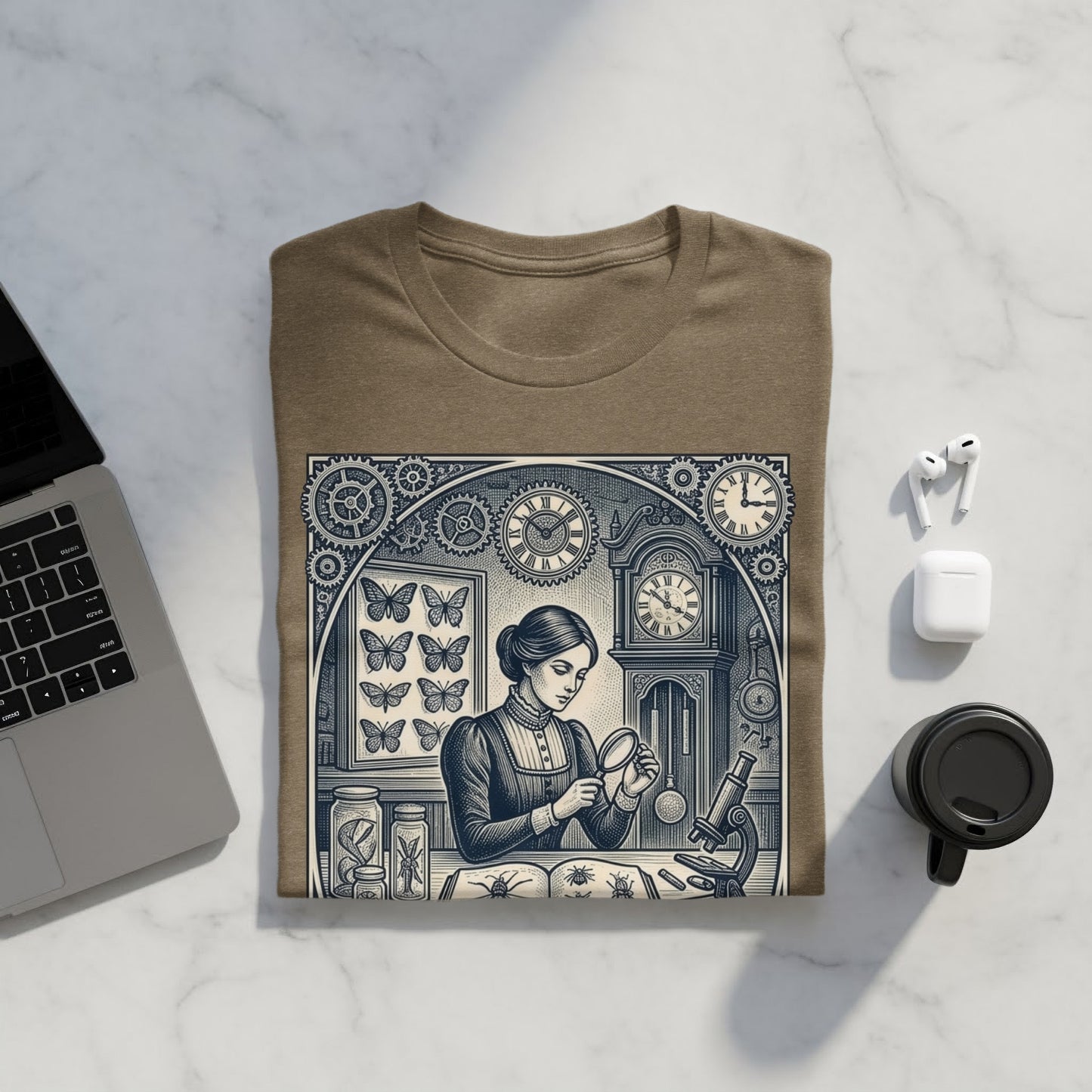 T-shirt with vintage scientific illustration of a woman examining insects under a magnifying glass.