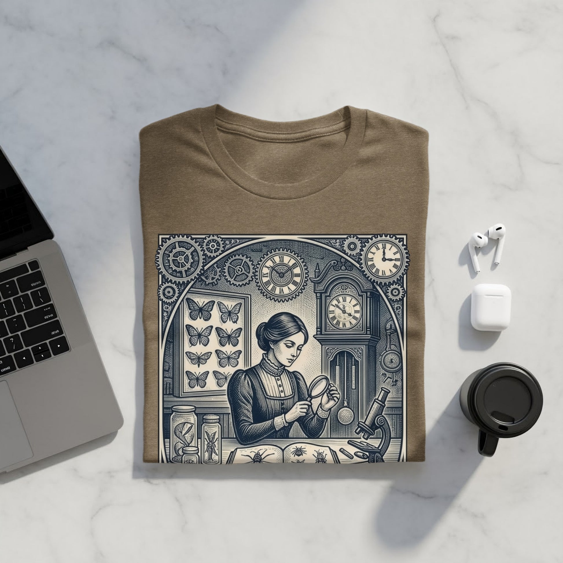 T-shirt with vintage scientific illustration of a woman examining insects under a magnifying glass.