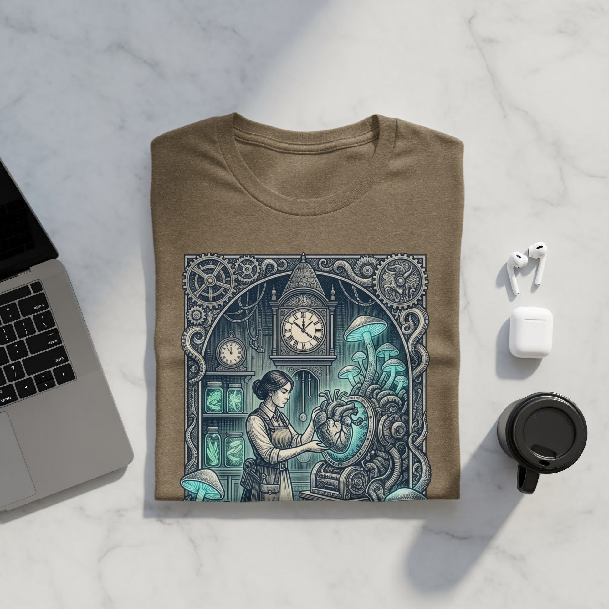 Brown t-shirt with steampunk art of a woman examining a mechanical heart.