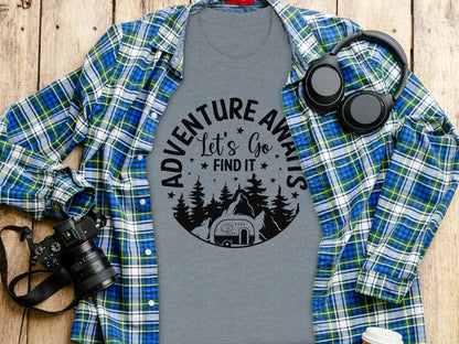 Adventure Awaits Let's Go Find It Silhouette Camper T-Shirt T-Shirt - Outdoor & Adventure Collection - Mile Marker 16 Gear by Cloud 16 Clothing Co.