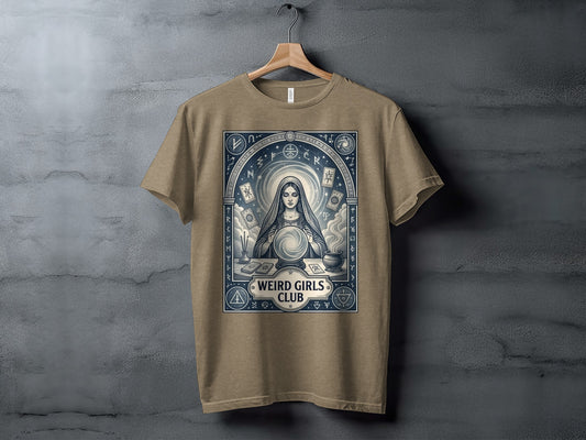 T-shirt with mystic woman and crystal ball, "Weird Girls Club" logo.
