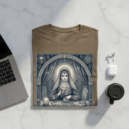 Brown t-shirt with tarot cards and mystical symbols design.