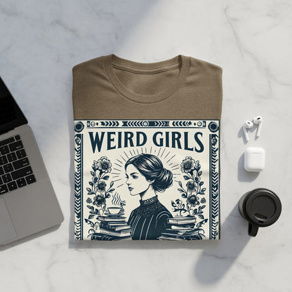 Brown t-shirt with "Weird Girls" text and ornate floral design.