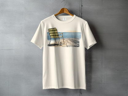 Cream t-shirt with a beach chair and pier graphic.