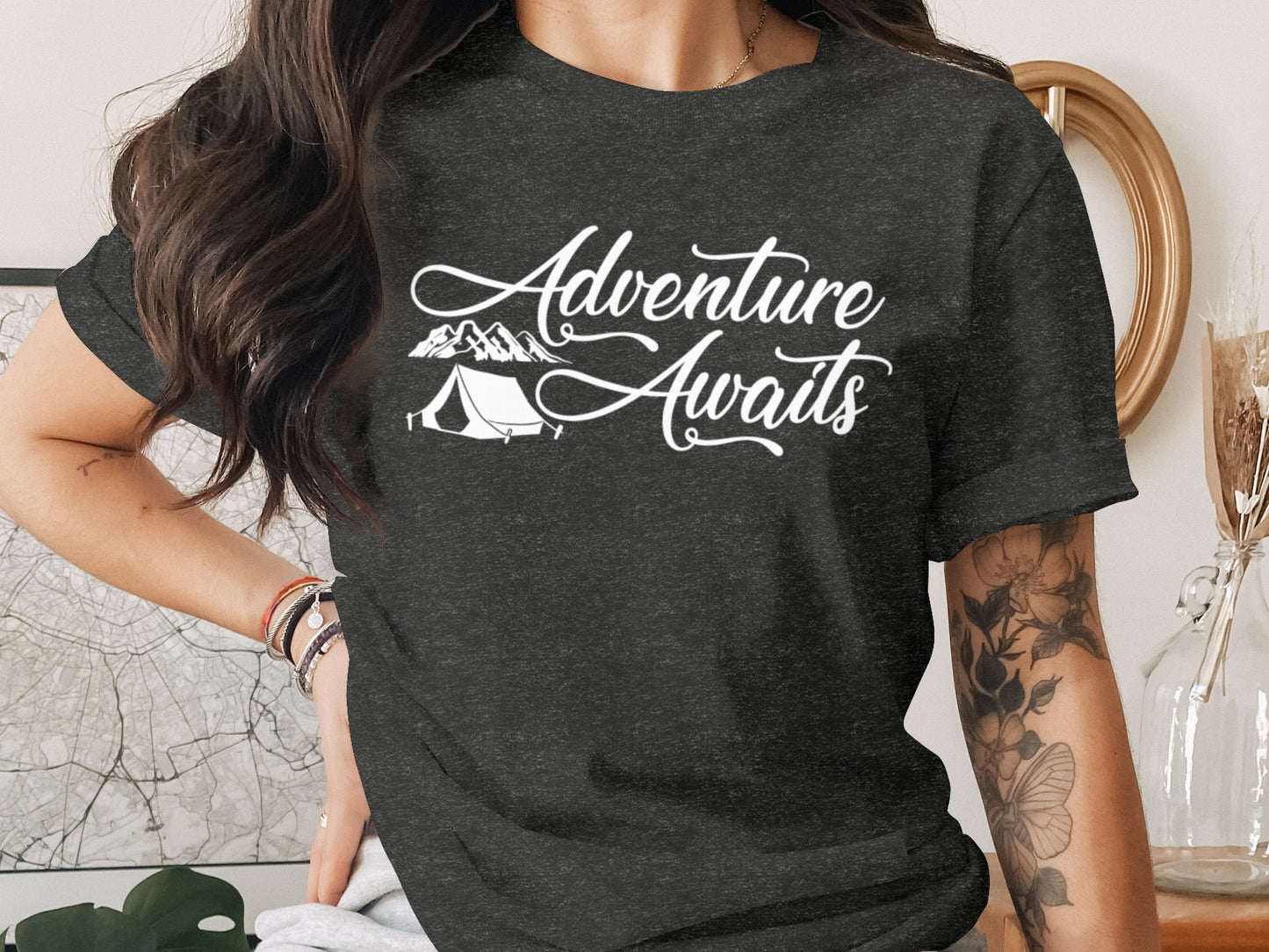 Adventure Awaits Tent Mountains Graphic Design T-Shirt T-Shirt - Outdoor & Adventure Collection - Mile Marker 16 Gear by Cloud 16 Clothing Co.