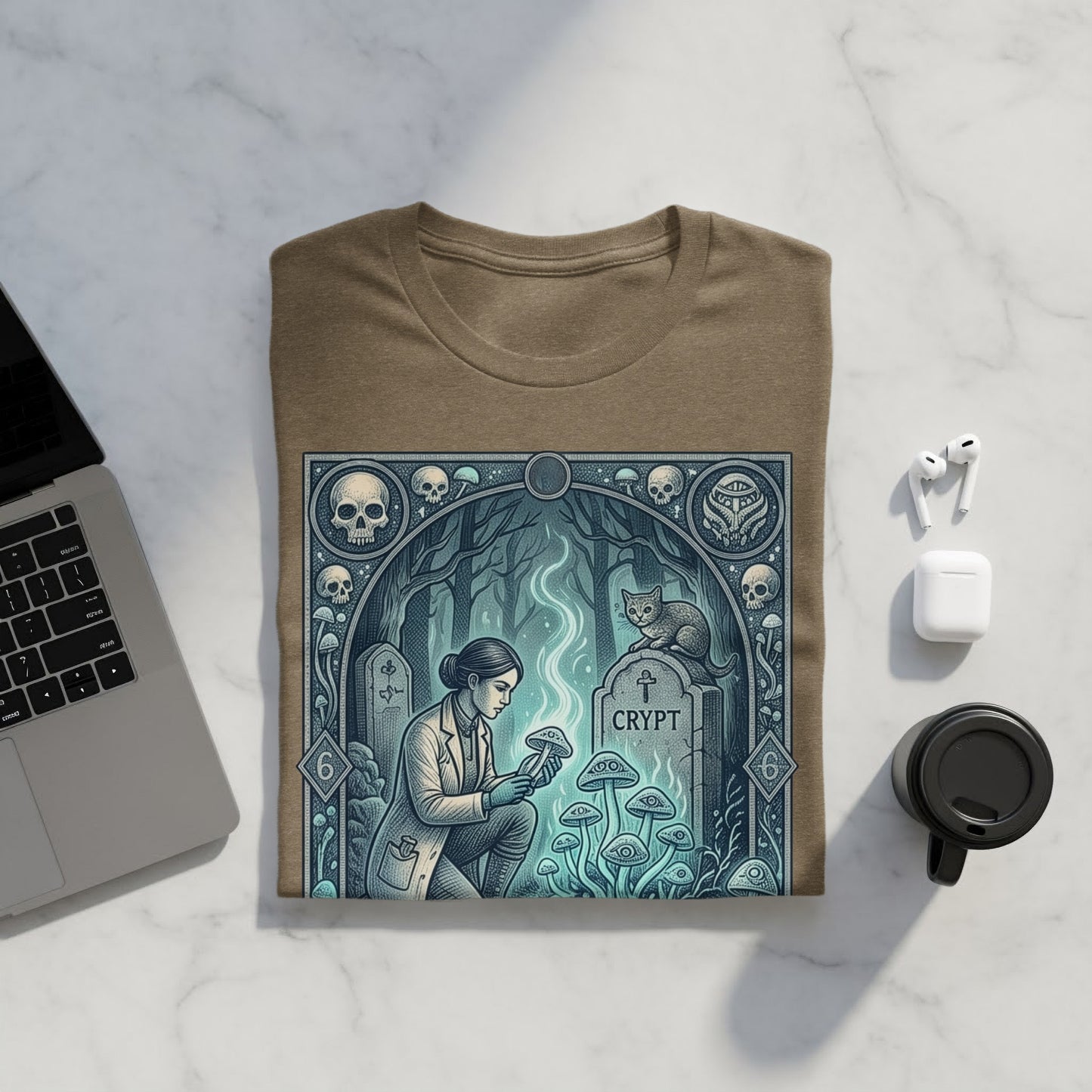 T-shirt featuring a crypt, graveyard, cat, and mushrooms with a woman examining a mushroom.