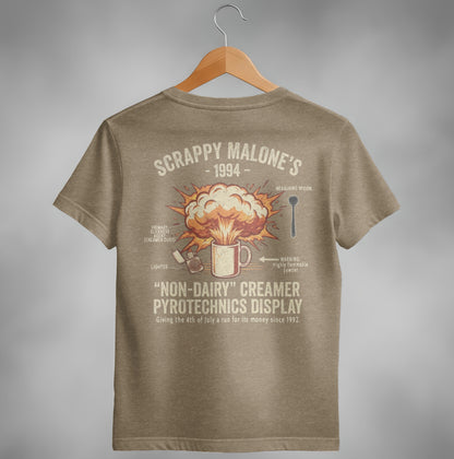 T-shirt design: explosion, creamer, and warning text, "Scrappy Malone's"