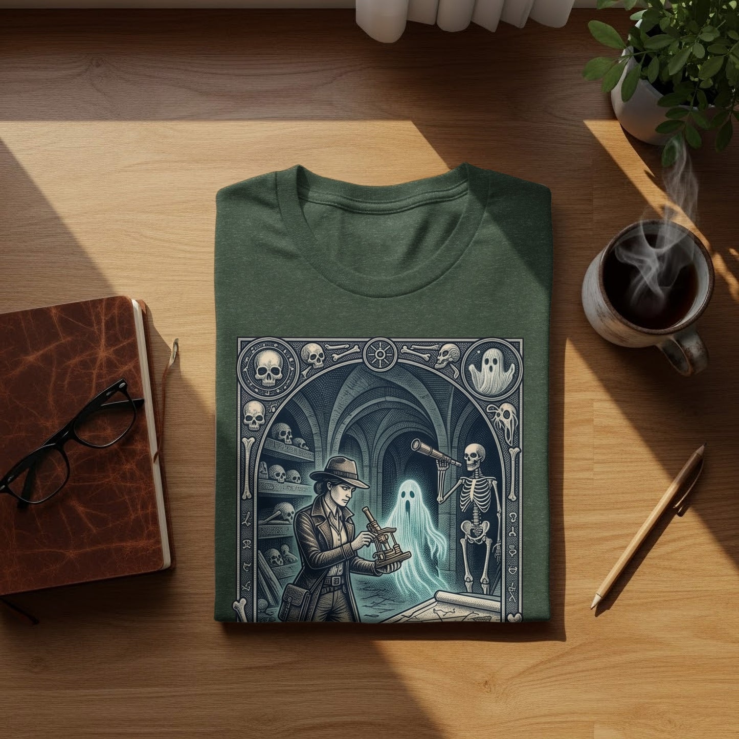 T-shirt with gothic ghost hunting illustration and skulls, on a wooden table.