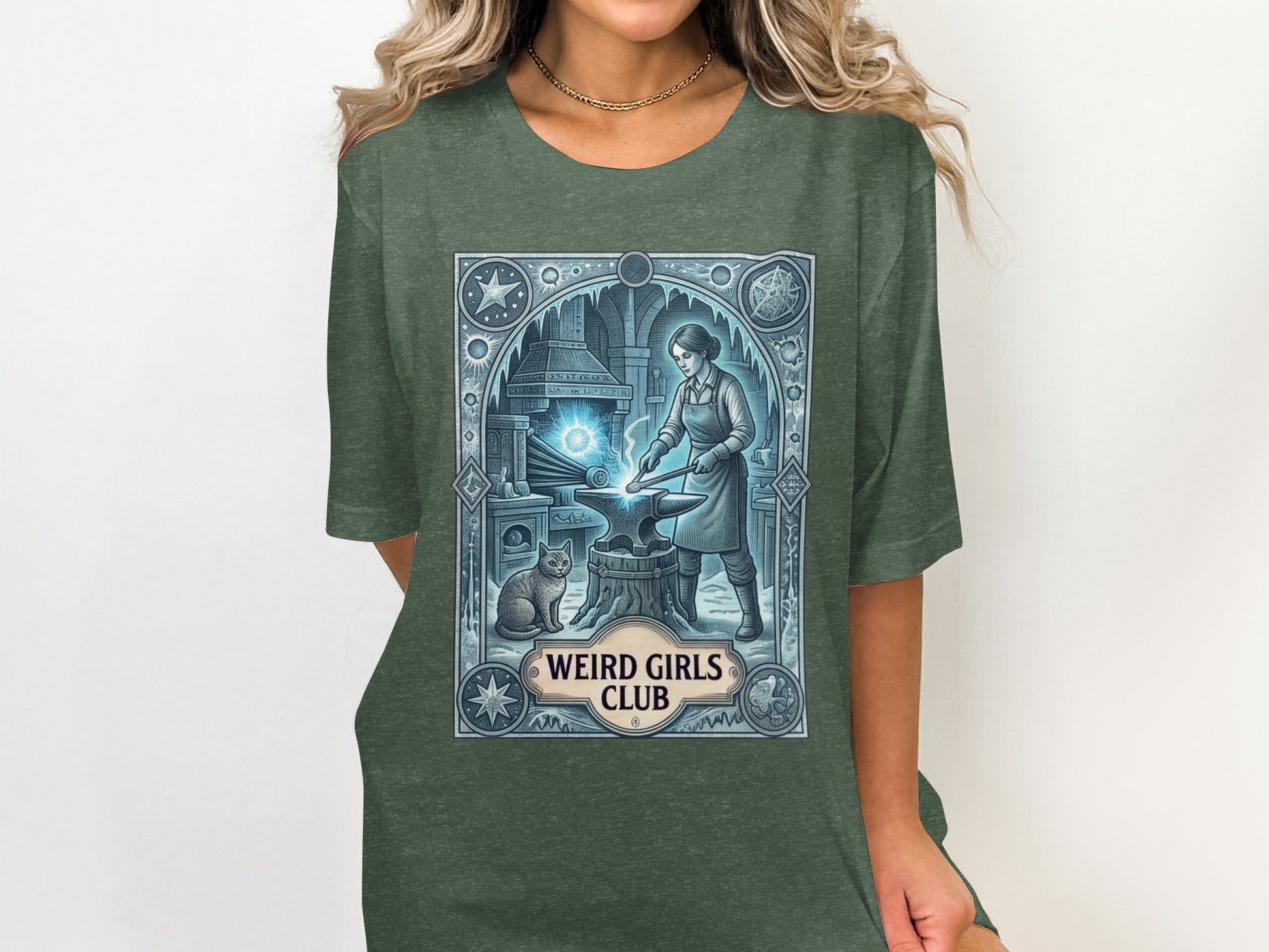 Graphic t-shirt with "Weird Girls Club" text and blacksmith illustration.