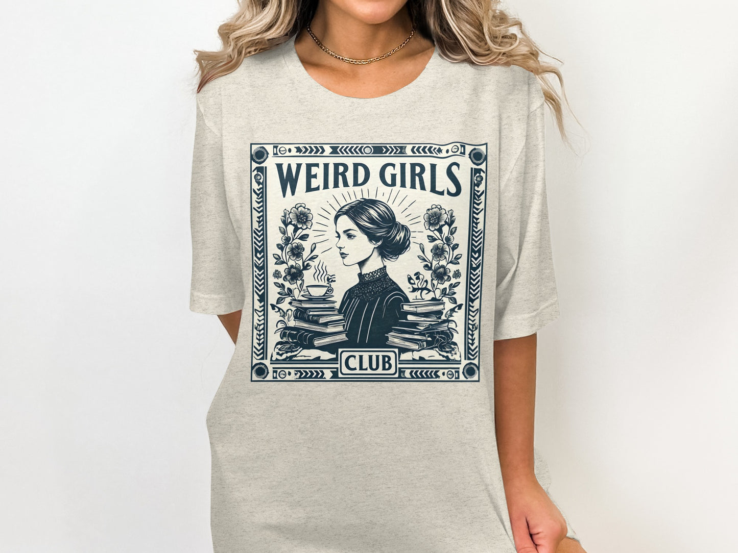 "WEIRD GIRLS CLUB" text with a vintage woman surrounded by books and flowers.