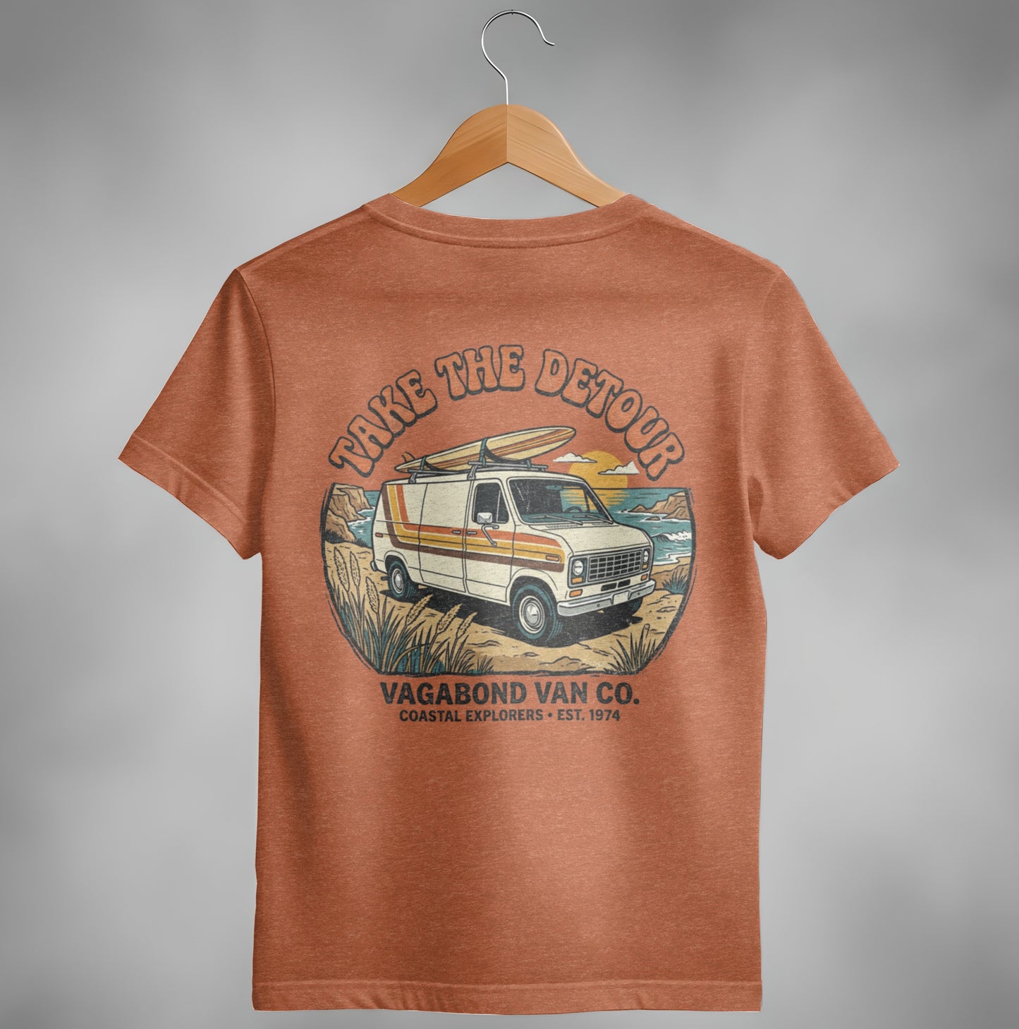 Orange t-shirt with a graphic of a vintage van and "Take the Detour" text.