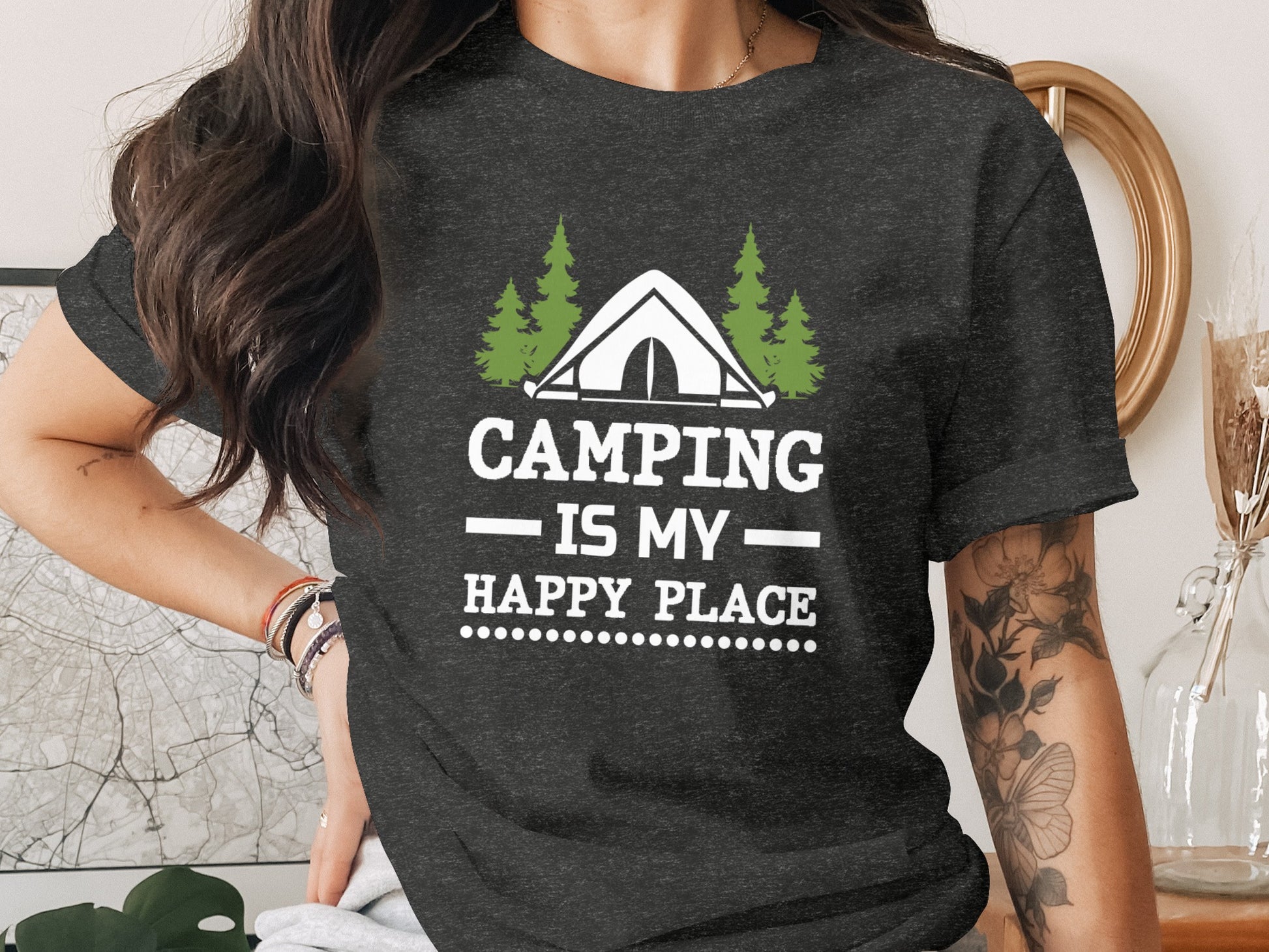 Camping Is My Happy Place Tent And Trees Graphic T-Shirt T-Shirt - Outdoor & Adventure Collection - Mile Marker 16 Gear by Cloud 16 Clothing Co.