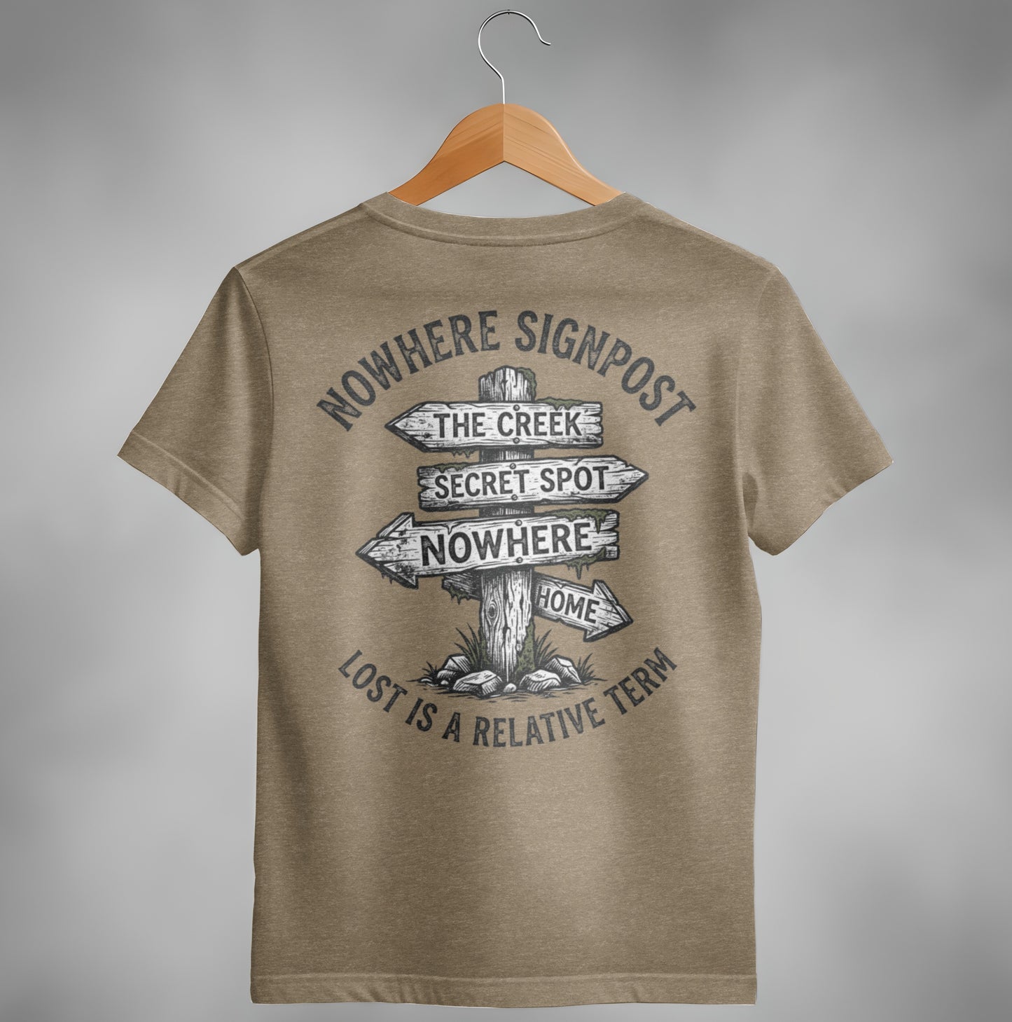 T-shirt with a vintage signpost pointing to "The Creek," "Secret Spot," "Nowhere," and "Home."