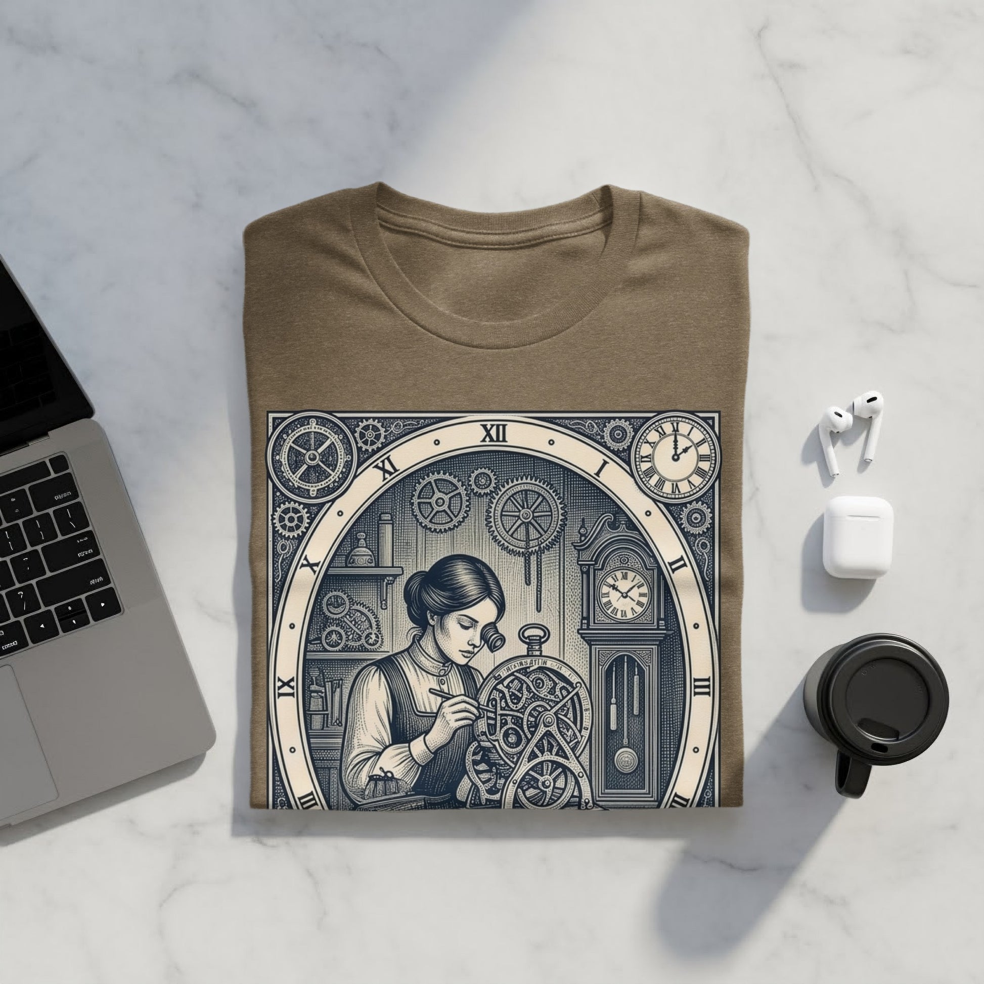 Brown t-shirt featuring a detailed illustration of a woman working on a clock.