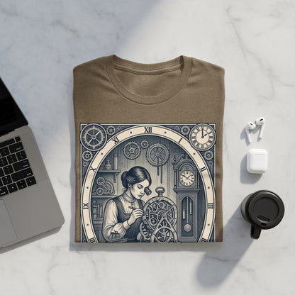 Brown t-shirt featuring a detailed illustration of a woman working on a clock.