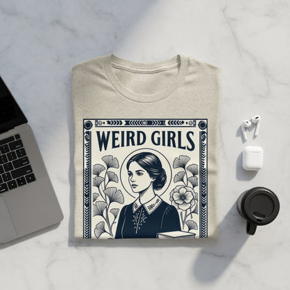 Cream t-shirt with "WEIRD GIRLS" text and vintage portrait artwork.