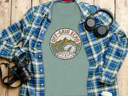 Off-Grid Echo Explorer: The Explorer's Adventure Tee: Sage green t-shirt with "Off-Grid Echo Remote & Wild Adventure Co." logo.