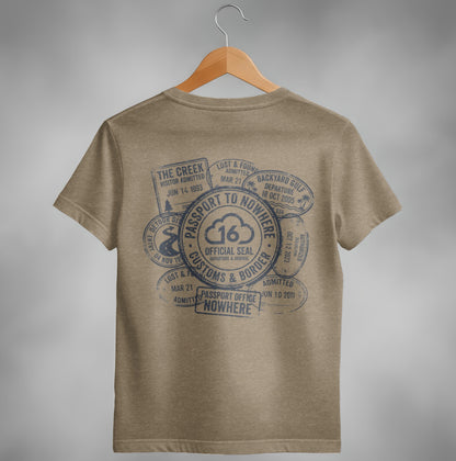 Brown t-shirt with "Passport to Nowhere" design featuring passport stamps.