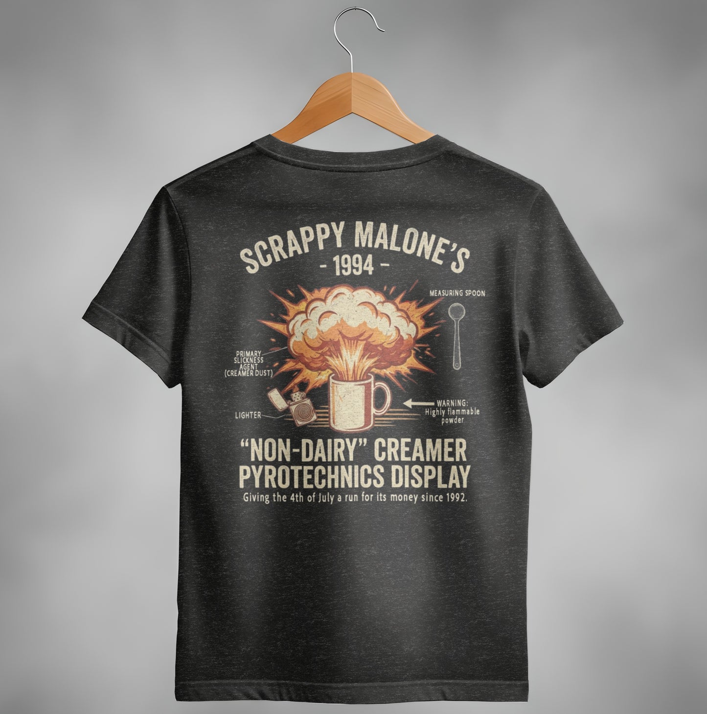 Scrappy Malone's 1994 "Non-Dairy" Creamer Pyrotechnics Display t-shirt.