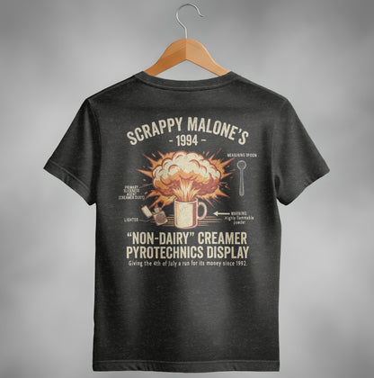 Scrappy Malone's 1994 "Non-Dairy" Creamer Pyrotechnics Display t-shirt.
