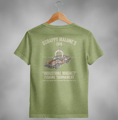 Green t-shirt with "Scrappy Malone's" and "Industrial Magnet Fishing Tournament" text.