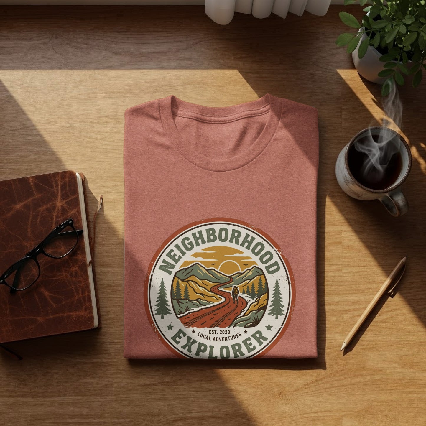 The Original Neighborhood Explorer Adventure Adventure Top: T-shirt with circular "Neighborhood Explorer" graphic featuring a road and mountains.