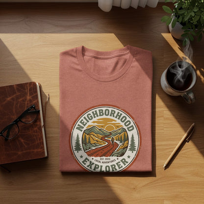 The Original Neighborhood Explorer Adventure Adventure Top: T-shirt with circular "Neighborhood Explorer" graphic featuring a road and mountains.