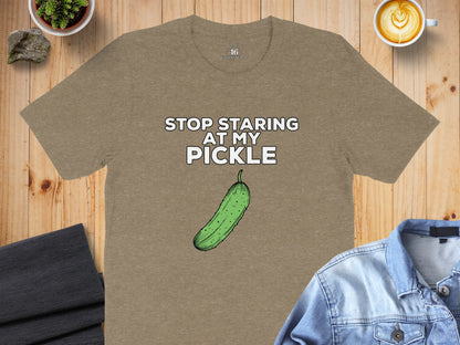 Stop Staring At My Pickle Funny Graphic Tee Product