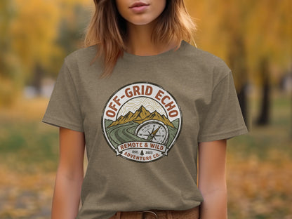 Off-Grid Echo Explorer: The Explorer's Adventure Tee: T-shirt with Off-Grid Echo logo featuring compass, mountains, and "Remote & Wild Adventure Co." text.