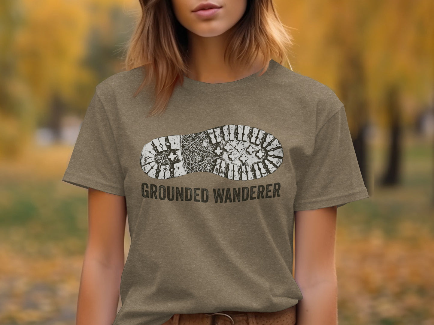 Grounded Wanderer Boot Print | Vintage Outdoor Apparel: Brown t-shirt with white boot tread graphic and "GROUNDED WANDERER" text.