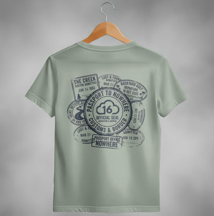 T-shirt with passport stamps and "Passport to Nowhere" text.