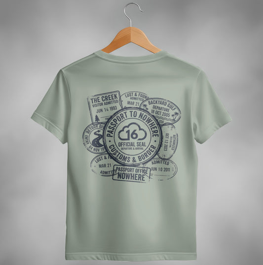 T-shirt with passport stamps and "Passport to Nowhere" text.