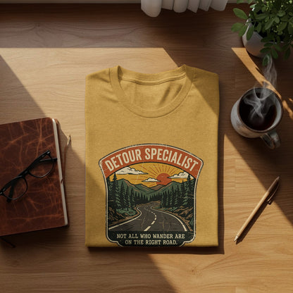 Heritage Detour Specialist Vintage Graphic Nomad Tee: Yellow t-shirt with "Detour Specialist" slogan and scenic mountain road graphic.