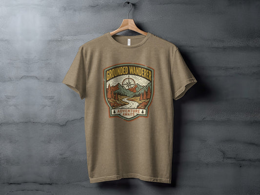 Heritage Grounded Wanderer Adventure Nomad Tee: Brown t-shirt with "Grounded Wanderer Adventure Awaits" mountain landscape graphic.