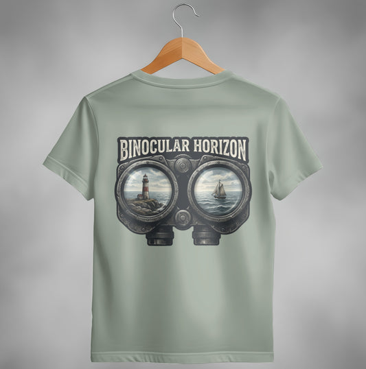 Olive t-shirt with binoculars graphic showing a lighthouse and sailboat.
