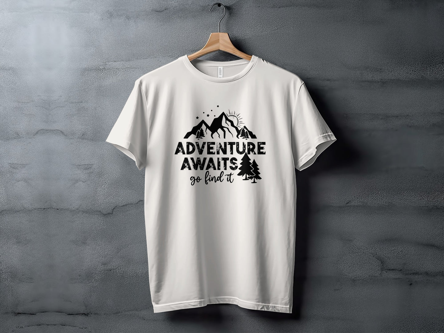 Adventure Awaits Go Find It Mountains Trees and Sun T-Shirt T-Shirt - Outdoor & Adventure Collection - Mile Marker 16 Gear by Cloud 16 Clothing Co.