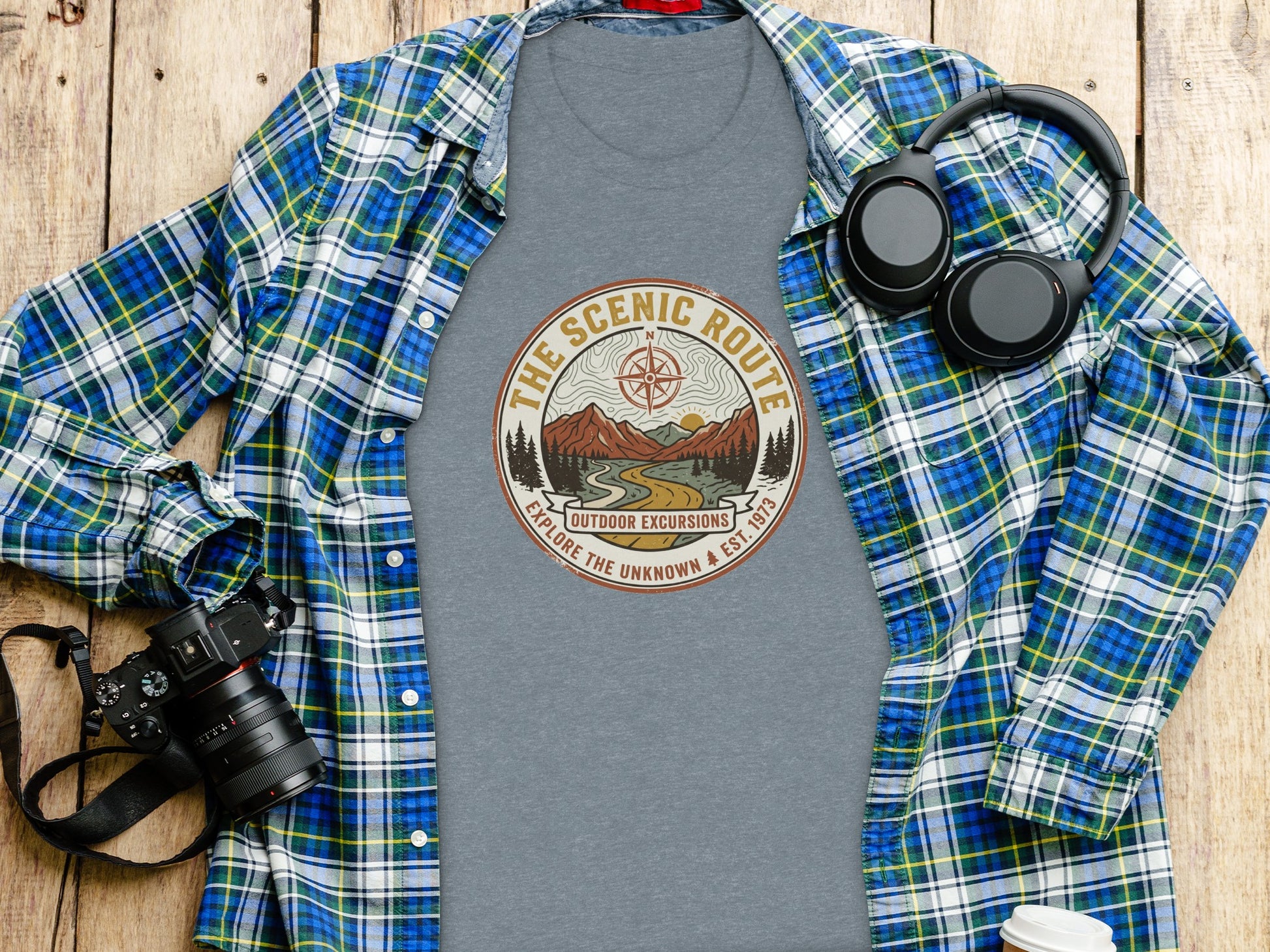 Heritage Scenic Route Vintage Explorer Tee Nomad Tee: Gray t-shirt with "The Scenic Route" circular logo featuring mountains and a road.