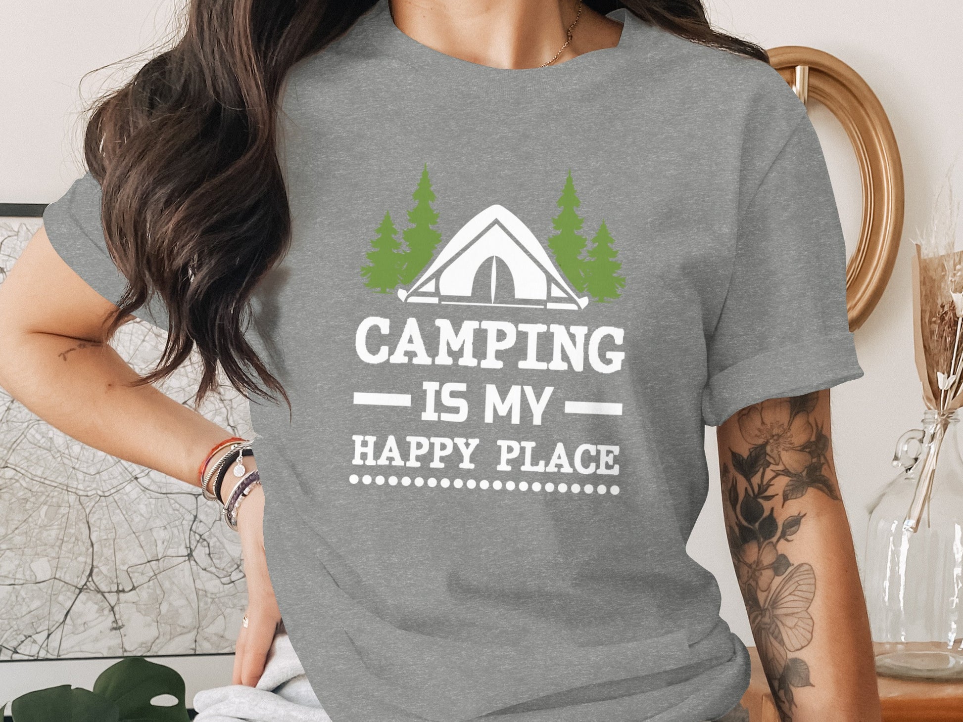 Camping Is My Happy Place Tent And Trees Graphic T-Shirt T-Shirt - Outdoor & Adventure Collection - Mile Marker 16 Gear by Cloud 16 Clothing Co.