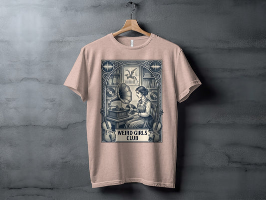 T-shirt with vintage woman listening to record player, "Weird Girls Club" text.