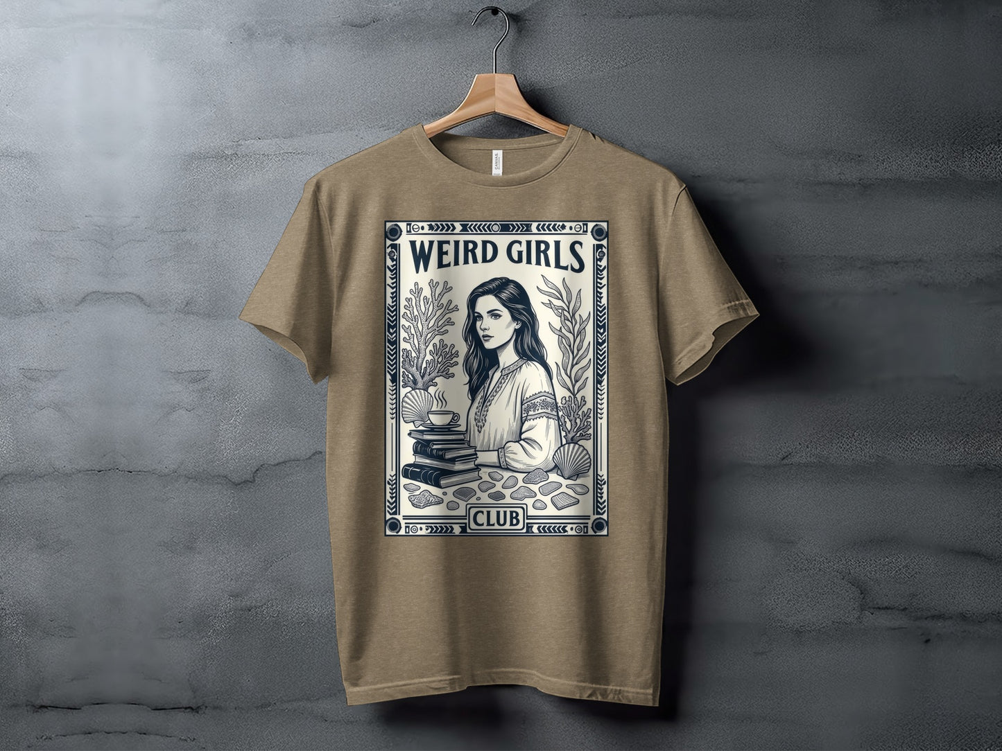 T-shirt with "Weird Girls Club" text and illustration of woman with plants.