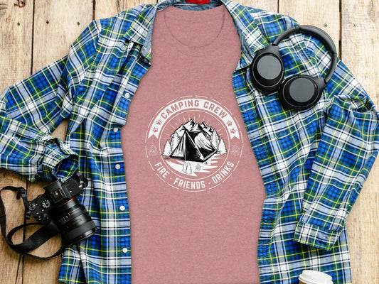 Camping Crew Friends Drinks Fire Tent Mountain Scene T-Shirt T-Shirt - Outdoor & Adventure Collection - Mile Marker 16 Gear by Cloud 16 Clothing Co.