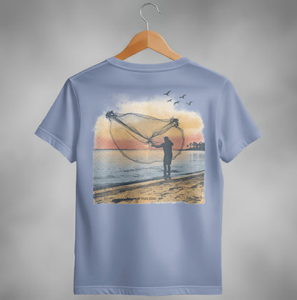 Fisherman casting a net on the beach at sunset with birds flying.